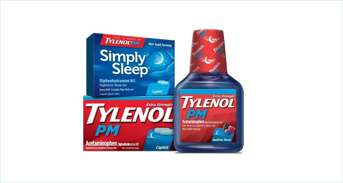 Collection of Tylenol PM Extra Strength Liquid, Tylenol PM Extra Strength, and Simply Sleep product packages