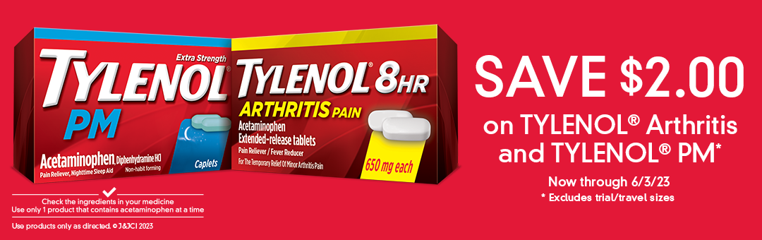 Box of Tylenol Arthritis Relief and Tylenol PM Pain Relief with a $2 Off Savings message, coupon is valid thru June 3, 2023