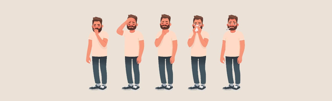 an illustration of a person going through the various stages of experiencing symptoms of COVID