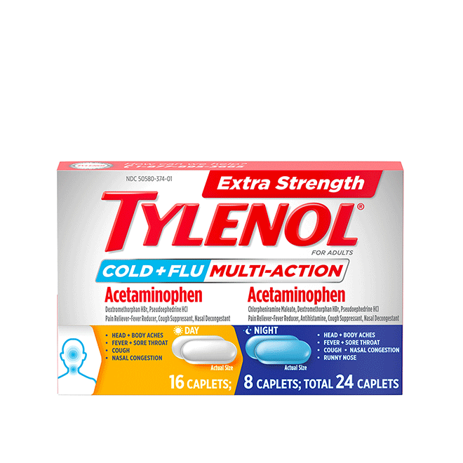 TYLENOL® Extra Strength Cold & Flu Day & Night Pain Relief + Cough & Congestion, medicamento para el alivio del dolor, la tos y la congestión