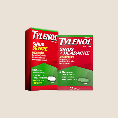 Adult TYLENOL Sinus Severe and TYLENOL Sinus product packages