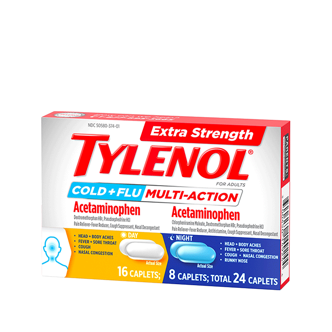 TYLENOL® Extra Strength Cold & Flu Day & Night medicine tilted at an angle