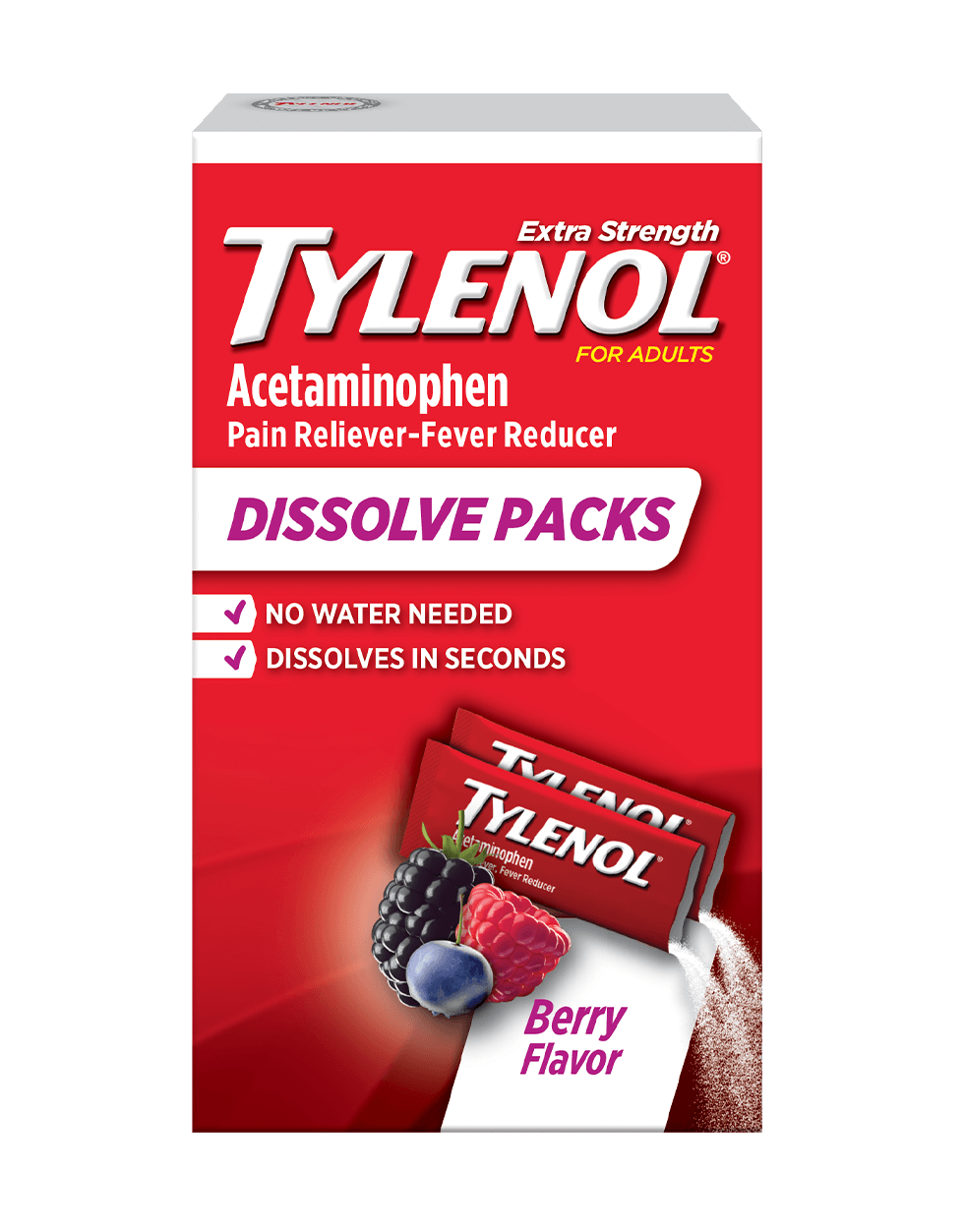 Extra Strength Tylenol® Dissolve Packs (paquetes para disolver), medicamento para el alivio del dolor y antifebril, sabor mora
