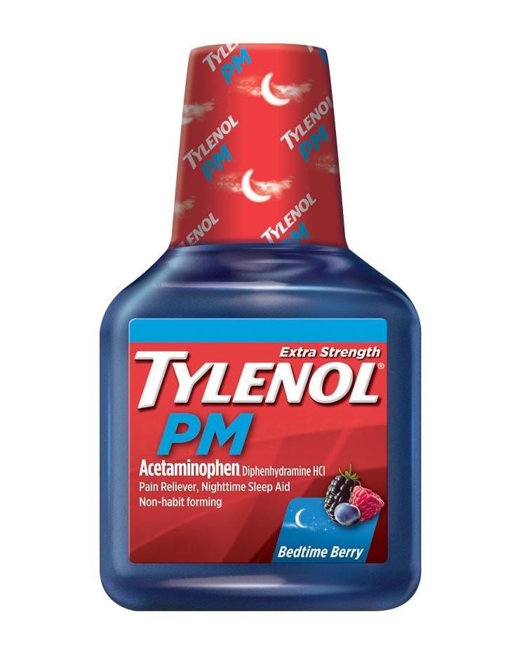 Extra Strength Tylenol® PM liquid medicine with acetaminophen in bedtime berry flavor