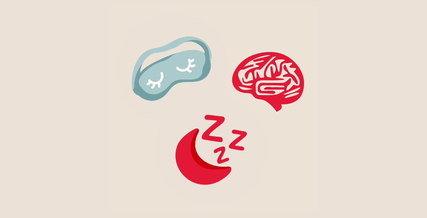Illustration of a sleep mask, the moon, and a brain